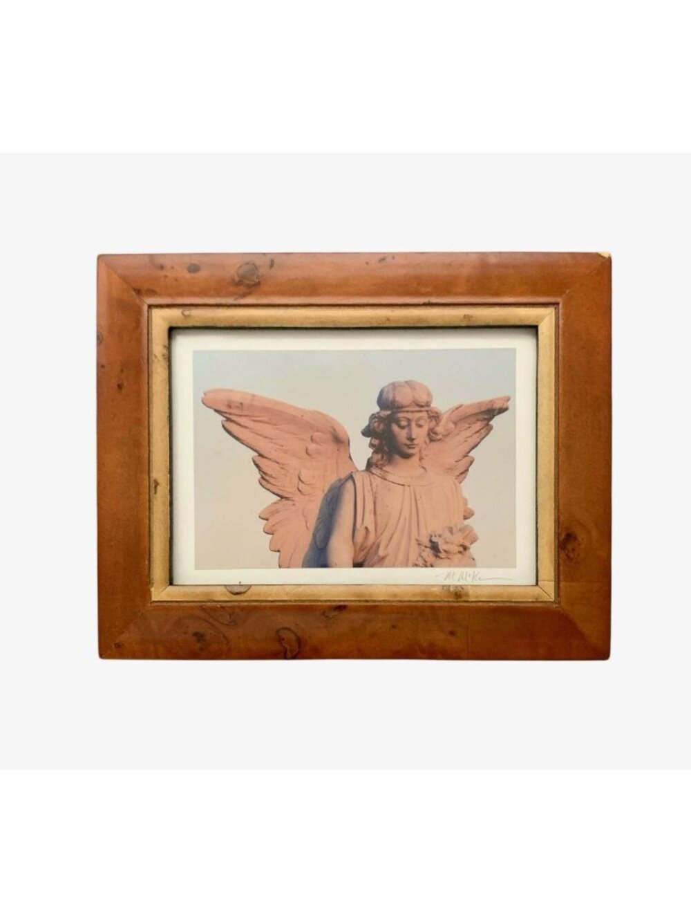 Angel Art Sculpture Photo Signed M McKee in Burl Wood Frame Vintage Gift Decor